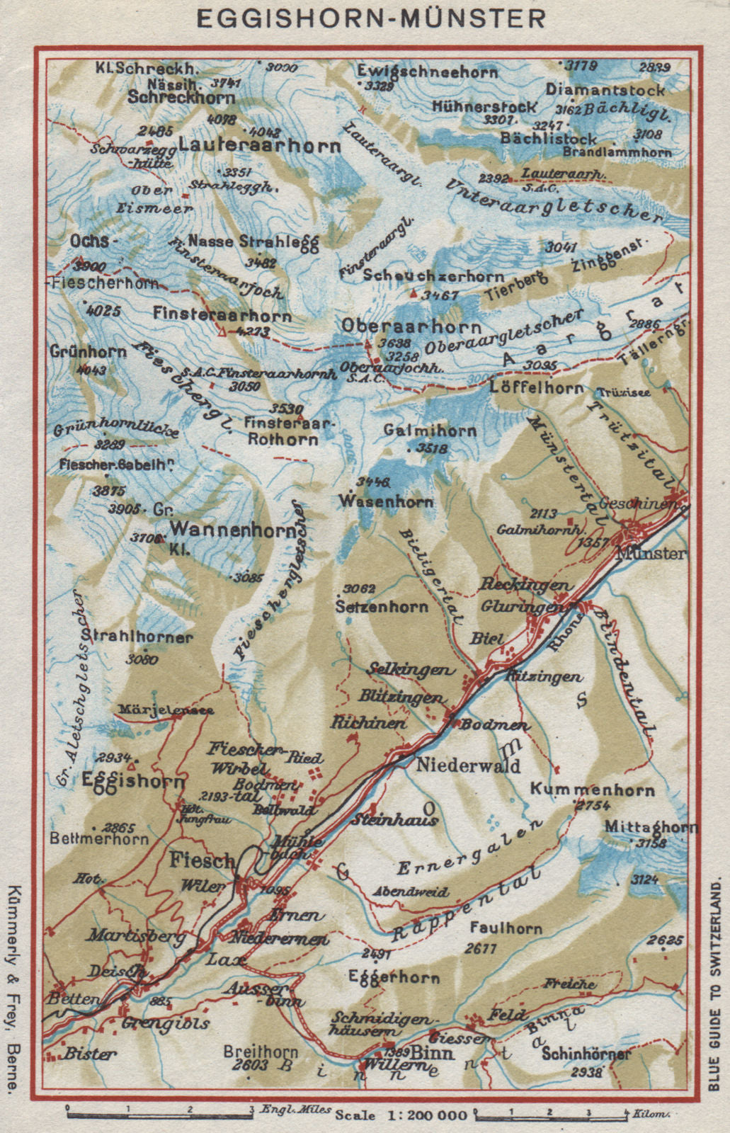 EGGISHORN-MÜNSTER-GESCHINEN. Ernen Fiesch Bellwald. Switzerland 1948 old map
